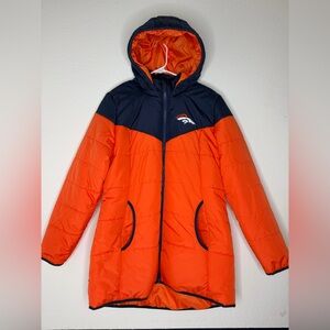 NFL Team Apparel Denver Broncos Women’s Puffer Jacket Orange Navy Hooded GIII L